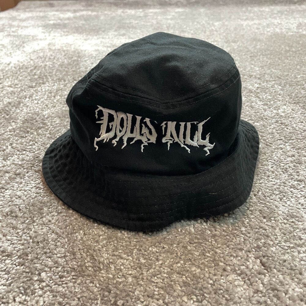 Dolls Kill Bucket Hat Adult One size Black Embroidered Logo Cotton Wide Brim Cap